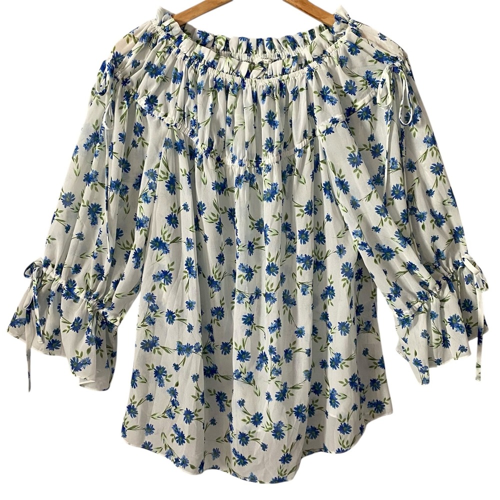 Tularosa Blue Floral Chiffon Peasant Blouse Off Shoulder Smocked Top Sz Small
